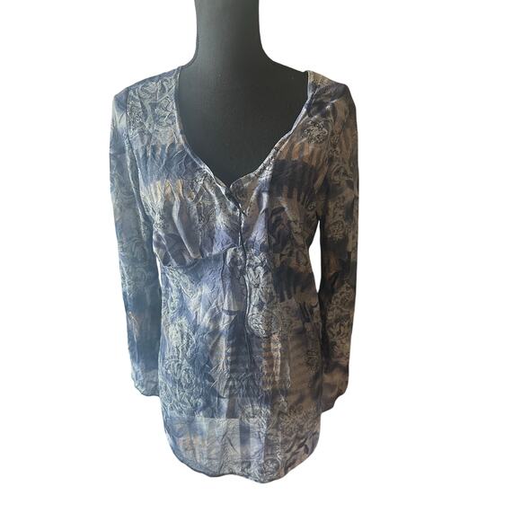 Maria Gabrielle Sheer Floral Blouse – Blue & Gray Long Sleeve Top - Picture 1 of 7